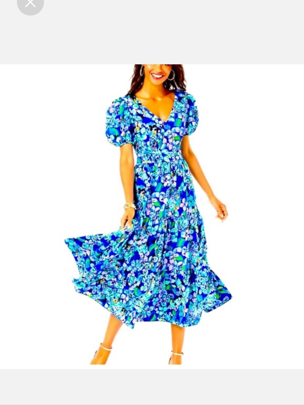 NWT Lilly Pulitzer Grace Blue Grotto Twilight Floral Puff-Sleeve Midi Dress